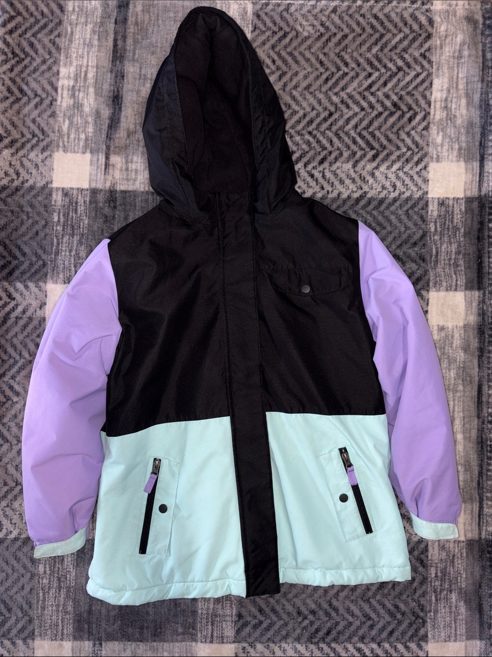 Swiss Tech Black, Lavender & Mint Hooded Double Layer 2-n-1 Puffer Jacket